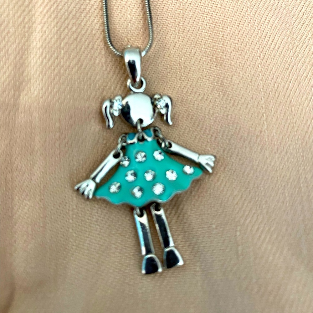 Little girl charm pendant silver necklace -diamonds stones- turquoise